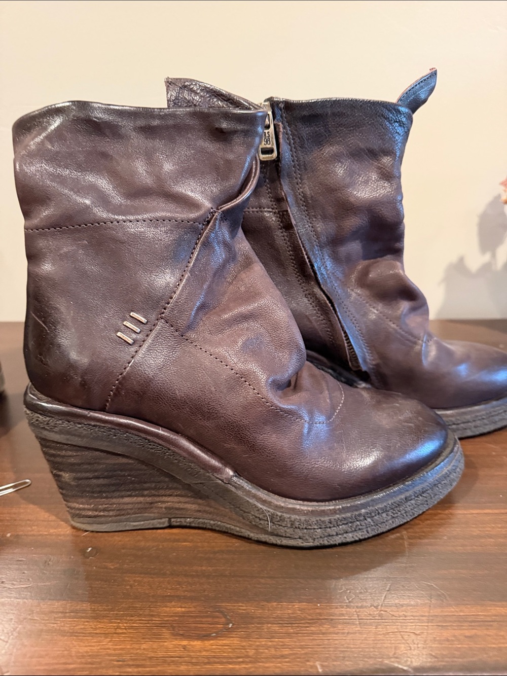 AS 98 stacked boots. Inside zipper. Brown leather